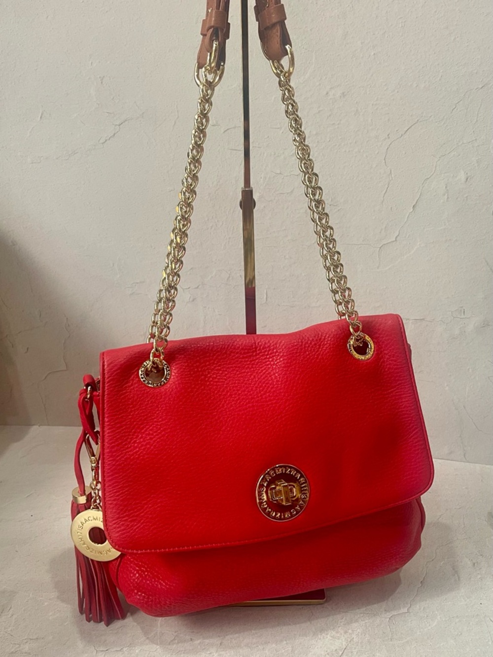 Isaac Mizrahi Red Pebbled Leather Shoulder Bag with Gold Chain
